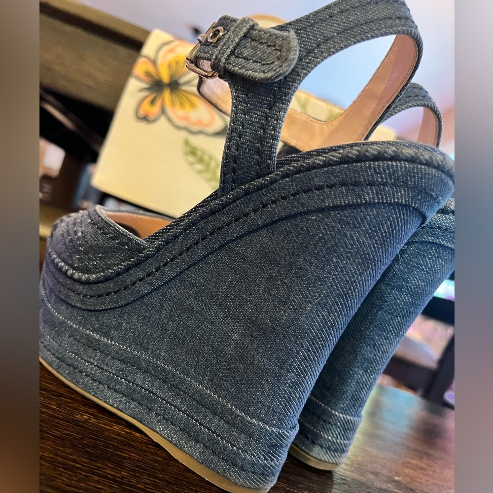 Miu Miu Denim Wedge Sandals - Picture 4 of 5